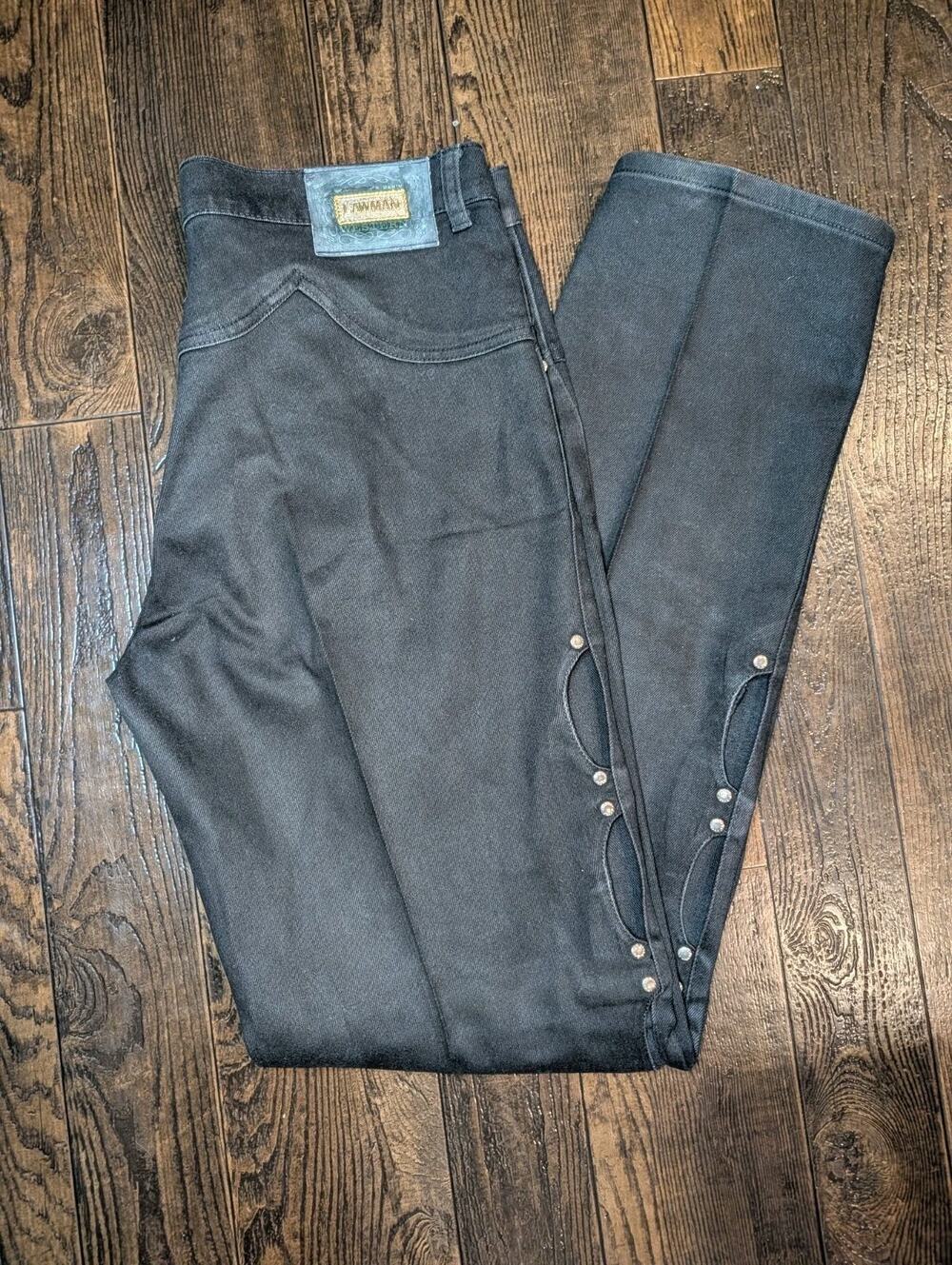 Rare Vtg Lawman Western Cutout Side Button Jeans Black Denim High Rise Bareback
